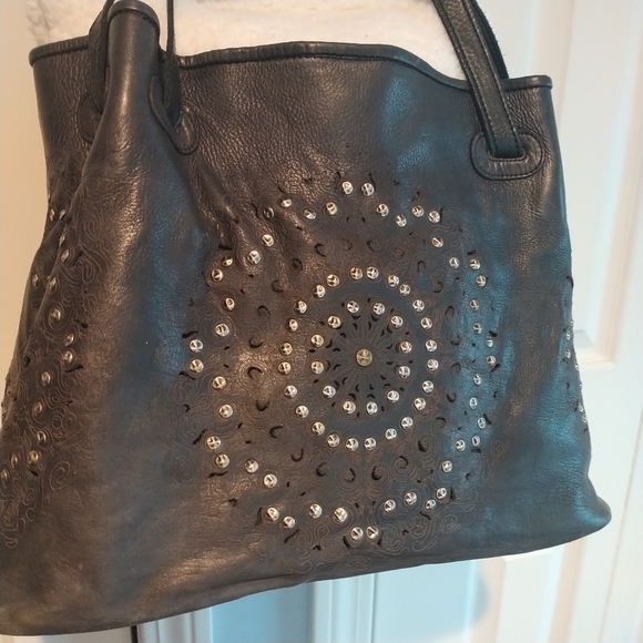Platania Studded Lazer Cut Black Italian Leather Satchel with Swirl Design - Picture 2 of 14